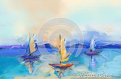 Modern art oil paintings with boat, sail on sea. Abstract contemporary art for background Stock Photo