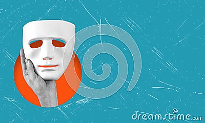 A modern artistic collage featuring the image of a theatrical mask held by a woman's hands Stock Photo