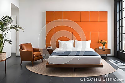 Modern artistic minimalist contemporary, cozy, comfortable, colorful and elegant bedroom or master bedroom for house and apartment Stock Photo