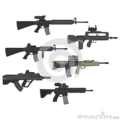 Modern assault rifles and carbines set. Vector Illustration