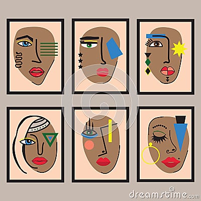 Modern assorted women and ladies different tanned abstract faces in black rectangle wall art frames set Vector Illustration