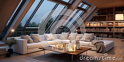 A modern attic or loft inside is a stylish and functional living space that has been designed to make the most of the Stock Photo