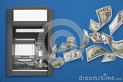 Modern automated cash machine and flying money on blue background Stock Photo