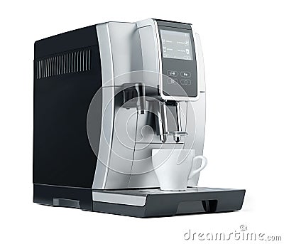 Modern automatic coffee machine with digital display and white cup, isolated on white. File contains a path to isolation Stock Photo