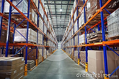 Modern automatized high rack warehouse, distribution warehouse with high shelves Stock Photo