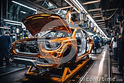 a modern automobile plant, car assembly on modern equipment, an automated assembly line for robotic arms, producing advanced high- Stock Photo