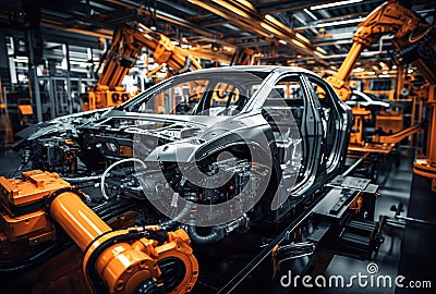 a modern automobile plant, car assembly on modern equipment, an automated assembly line for robotic arms, producing advanced high- Stock Photo