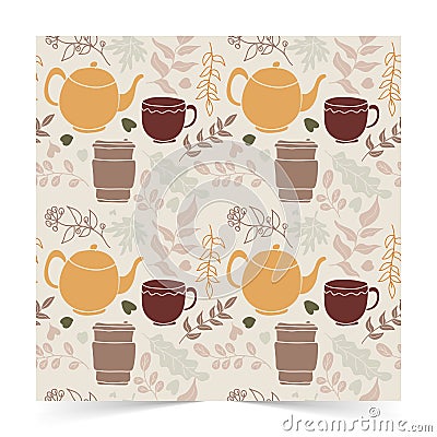 Modern Autumn seamless pattern of Leaves and drink elements Stock Photo