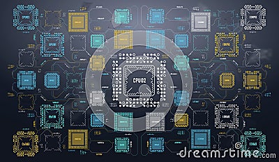 Modern Background with futuristic user interface. Electronic computer hardware technology. Motherboard digital chip Vector Illustration