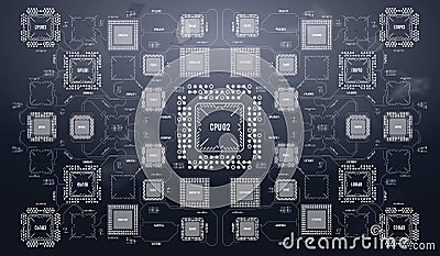 Modern Background with futuristic user interface. Electronic computer hardware technology. Motherboard digital chip Vector Illustration