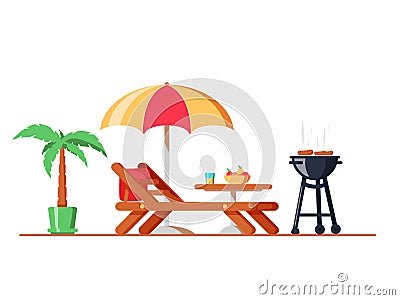 Modern backyard design exterior with lounger, table, sunshade umbrella and electric grill for barbecue. Vector Illustration