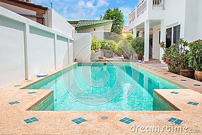 Modern backyard of a swimming pool with house Stock Photo