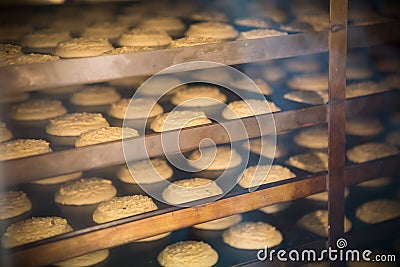 Modern bakery in confectionery factory. Cookies in the oven Stock Photo