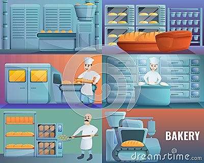 Modern bakery factory banner set, cartoon style Vector Illustration