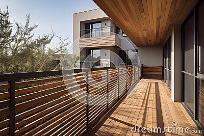 modern balcony with an evening sunlight, extending out from the side of a building Stock Photo