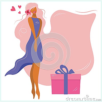 Modern banner with beautiful modest girl and place for text. Self-acceptance and love poster with a young woman in a Vector Illustration