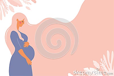 Modern banner about pregnancy and motherhood. Poster with a cute pregnant woman with long hair and place for text Vector Illustration