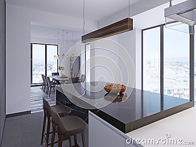 Modern bar counter in contemporary kitchen with dining area and large panoramic windows Stock Photo