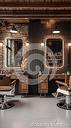 Modern barbershop interior with mirrors, chair, and functional equipment Stock Photo