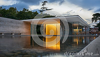 Modern Barcelona Pavilion from the pool angle in the evening Editorial Stock Photo