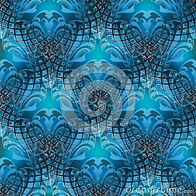 Modern Baroque blue 3d vector seamless pattern. Ornamental abstract Damask background. Repeat grid lattice decorative backdrop. G Vector Illustration