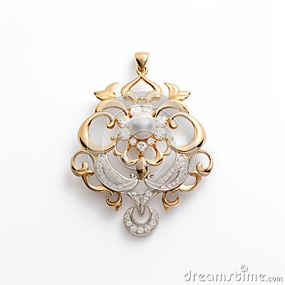 Modern-baroque Gold Pendant With Diamonds, Pearls, And Symbolic Details Stock Photo