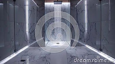 Modern bath with walk-in shower, frameless doors, rainfall head, marble tiles, and LED lights Stock Photo