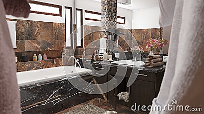 Modern bathroom with brown tiles and big mirror 3D illustration Cartoon Illustration