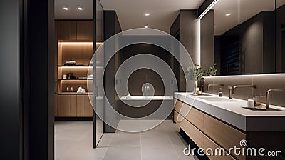 A modern bathroom with a dark tiled floor and wood cabinets, in the style of realistic and hyper. Generative AI Stock Photo