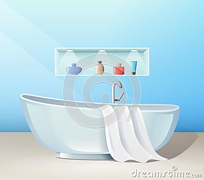 Modern bathroom interior with bath and accessories, banner, vector illustration. Vector Illustration