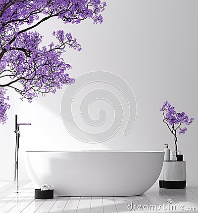 Modern bathroom interior with blossom tree, poster wall mock up Stock Photo