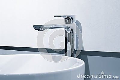 Modern bathroom interior, clean bright stylish designer modern bathroom in blue tone. Stock Photo
