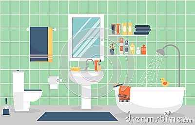 Modern bathroom interior with furniture in flat Vector Illustration