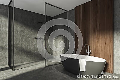 Modern Bathroom interior in new luxury home. Stylish hotel room. Open space area. Concrete wooden walls and floor. Bathtub and Stock Photo