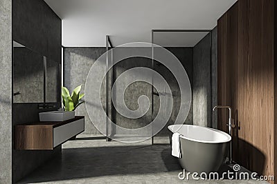Modern Bathroom interior in new luxury home. Stylish hotel room. Open space area. Concrete wooden walls and floor. Bathtub and Stock Photo