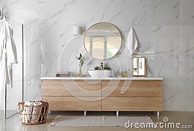 Modern bathroom interior with stylish , vessel sink and glass shower stall Stock Photo