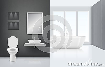 Modern bathroom interior. Toilet sink washing cabin in fresh and white bath luxury stylish interior. Vector realistic Vector Illustration