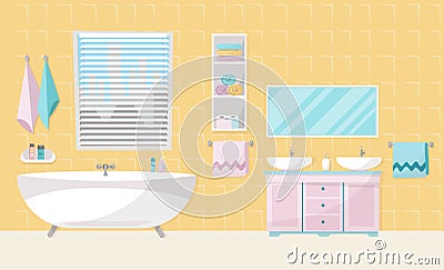 Modern bathroom interior with tub. Bathroom furniture - bath, stand with two sinks, shelf with towels, liquid soap, shampoo, large Vector Illustration