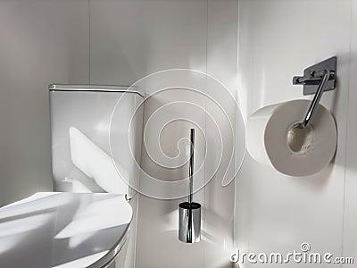 Modern Bathroom Elegance: Chrome Accessories Porcelain Toilet Stock Photo