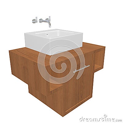Modern bathroom sink set with ceramic wash basin and wooden cabinet Cartoon Illustration