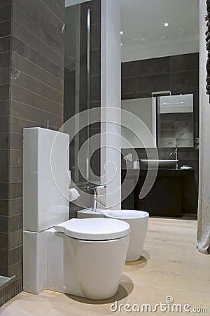 Modern bathroom with white sanitary ware Stock Photo