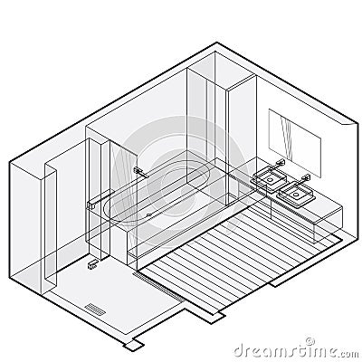 Modern bathroom with wooden floor, isometric perspective. Outlined shower enclosure. Vector Illustration