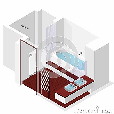 Modern bathroom with wooden floor in isometric perspective. Shower enclosure. Vector Illustration