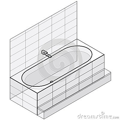 Modern bathtub filled with water. Outlined isometric vector bath tub. Vector Illustration