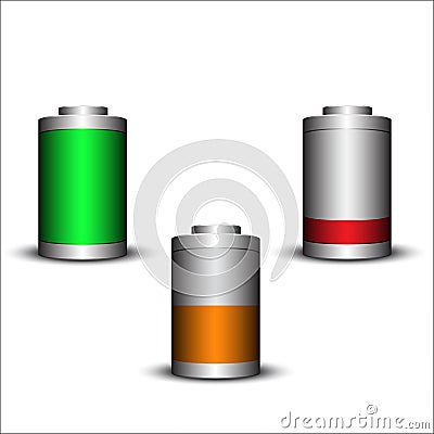 Modern battery, fully charger, half charged, discharged status Vector Illustration
