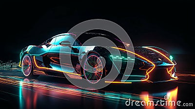 Modern beautiful fast race car sports car is driving fast with neon rays road. AI generated Stock Photo