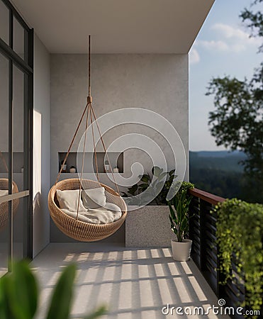 A modern beautiful home balcony with a hanging wicker armchair lounge and a beautiful nature view Cartoon Illustration