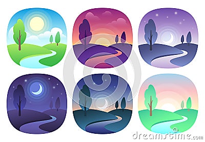 Modern beautiful landscape with gradients. Sunrise, dawn, morning, day, noon, sunset, dusk and night icon. Sun time Vector Illustration