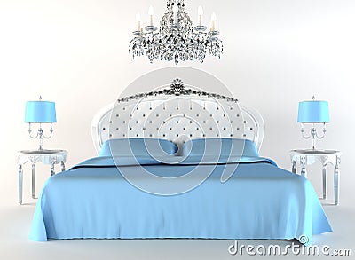 Modern bed tith night lamps and chandelier. Stock Photo