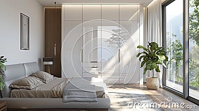 a modern bedroom adorned with a white wardrobe, exuding brightness in a realistic photograph. Stock Photo